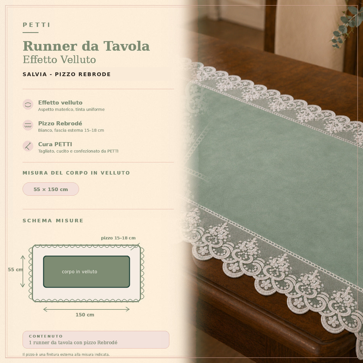 Runner da tavola effetto velluto Salvia con Pizzo Rebrodé bianco, 55 × 150 cm — scheda misure e contenuto
