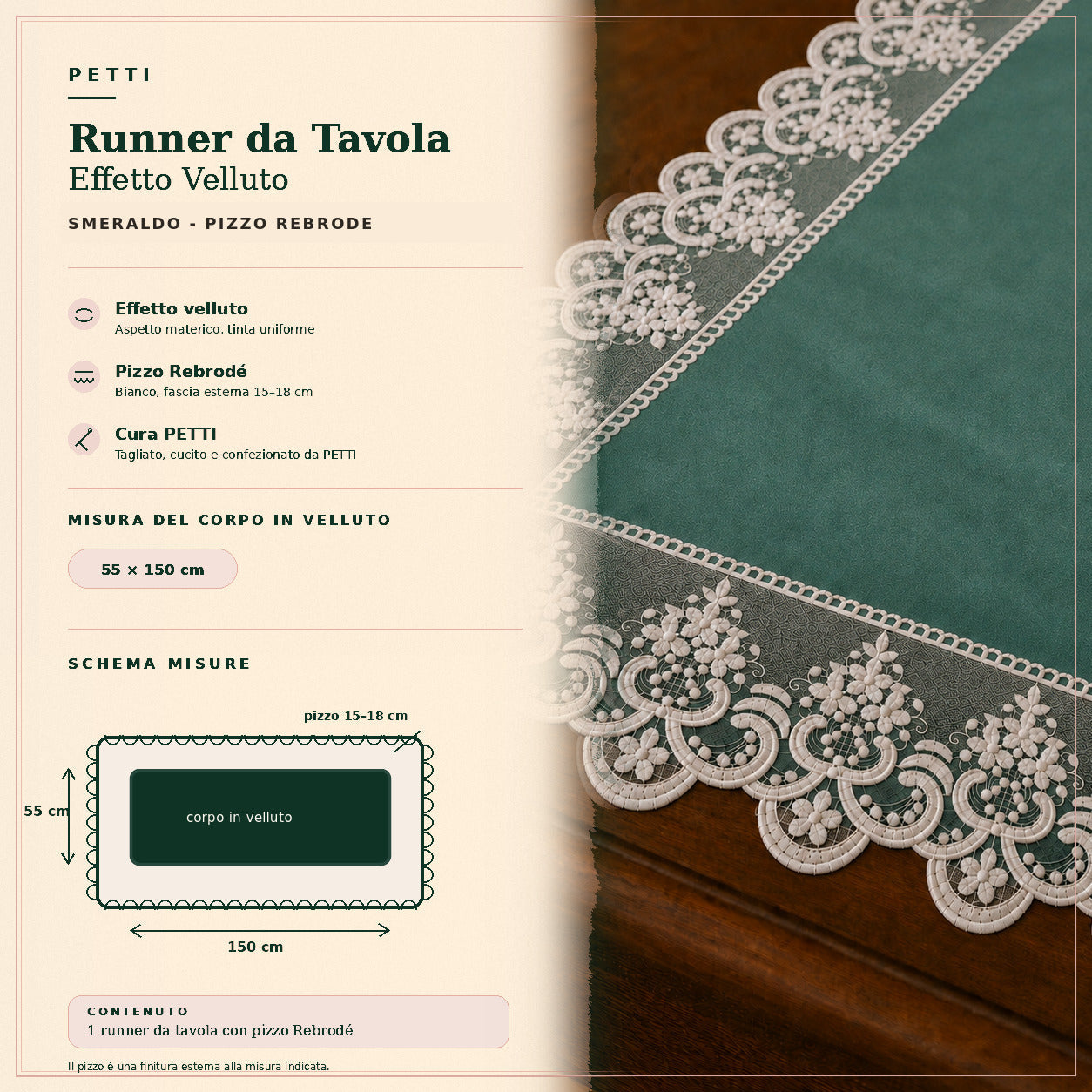 Runner da tavola effetto velluto Smeraldo con Pizzo Rebrodé bianco, 55 × 150 cm — scheda misure e contenuto