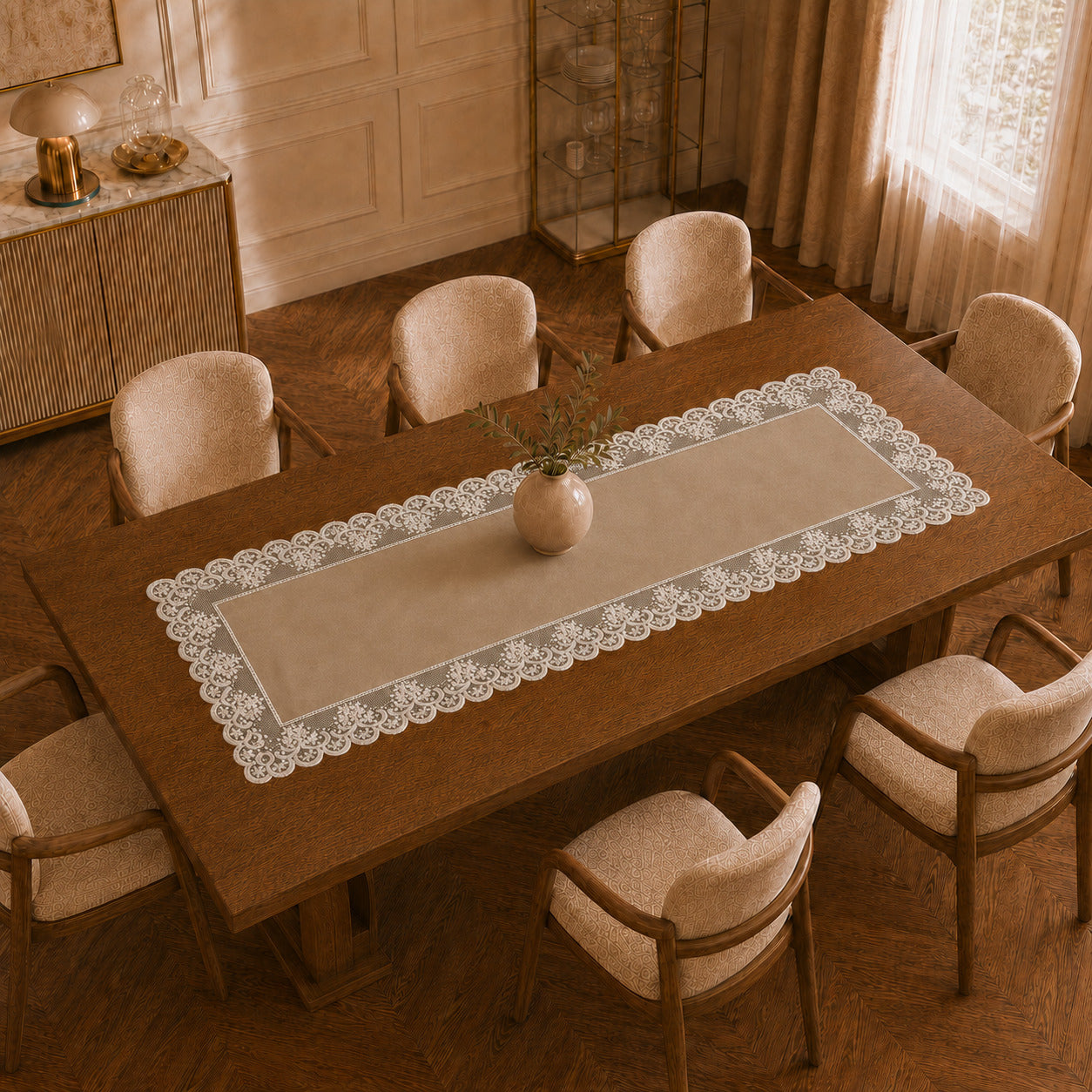 Runner da tavola effetto velluto Tortora con Pizzo Rebrodé bianco, 55 × 150 cm — vista dall’alto