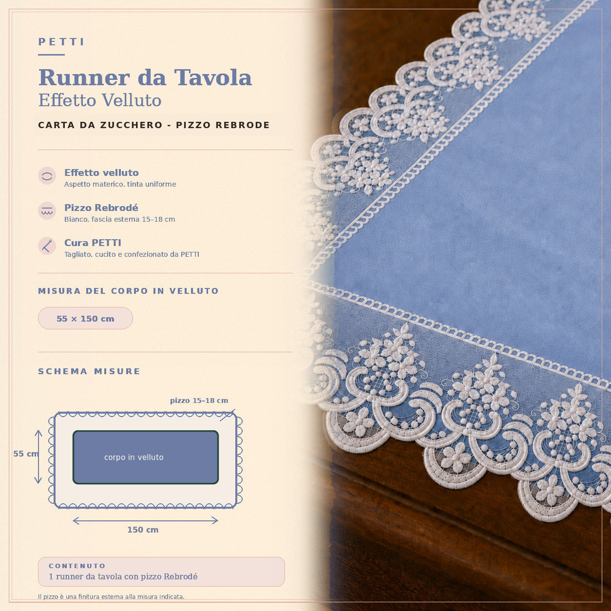 Runner da tavola effetto velluto Carta da Zucchero con Pizzo Rebrodé bianco, 55 × 150 cm — scheda misure e contenuto