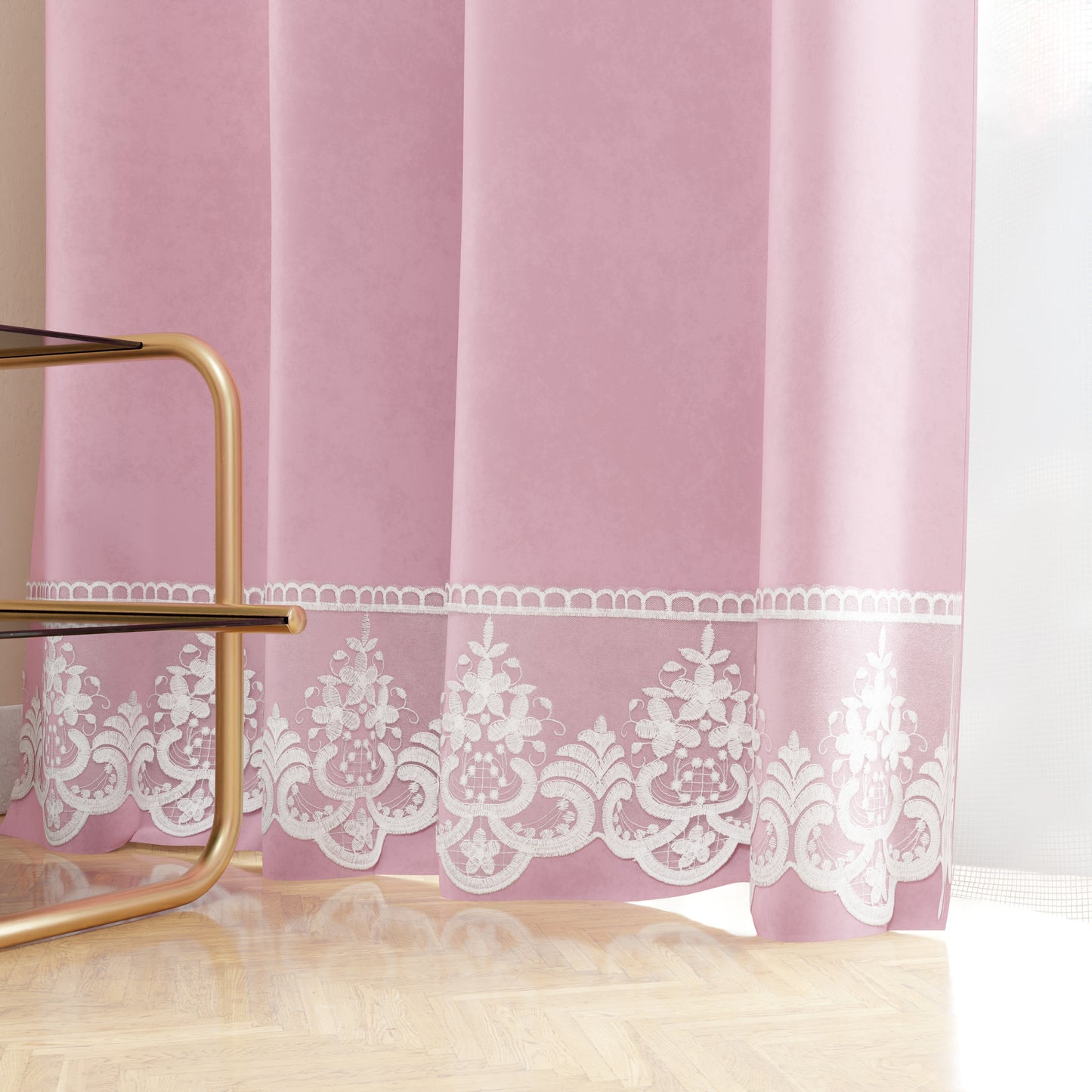 Tenda a Pannello in Velluto per Interni con Anelli e Pizzo Rebrodè, 140x280 cm, Rosa by Sissy