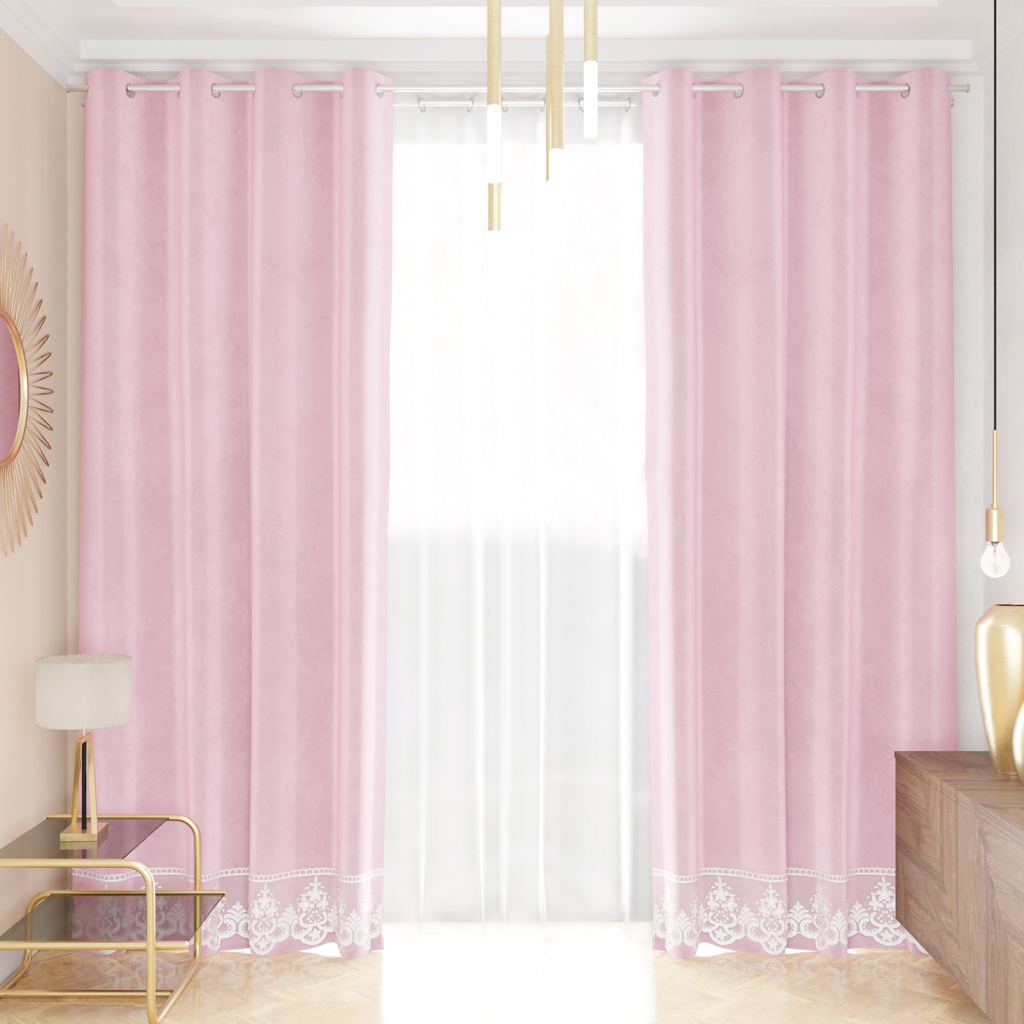 Tenda a Pannello in Velluto per Interni con Anelli e Pizzo Rebrodè, 140x280 cm, Rosa by Sissy