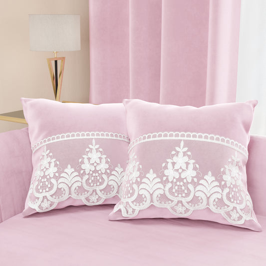 Coussins décoratifs en velours avec volant et dentelle rebrodée 2 pcs, coussins de canapé rose By Sissy