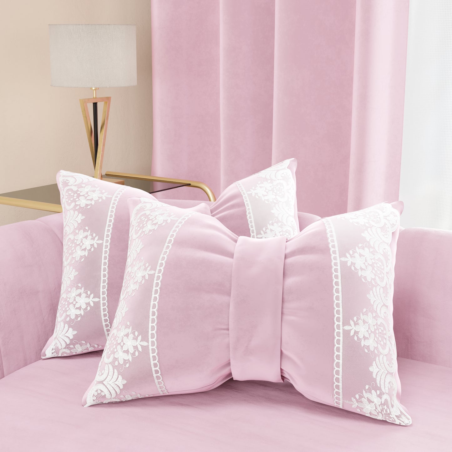 Coussin décoratif nœud en velours avec volant et dentelle rebrodée 40x50 cm, coussin de canapé rose By Sissy
