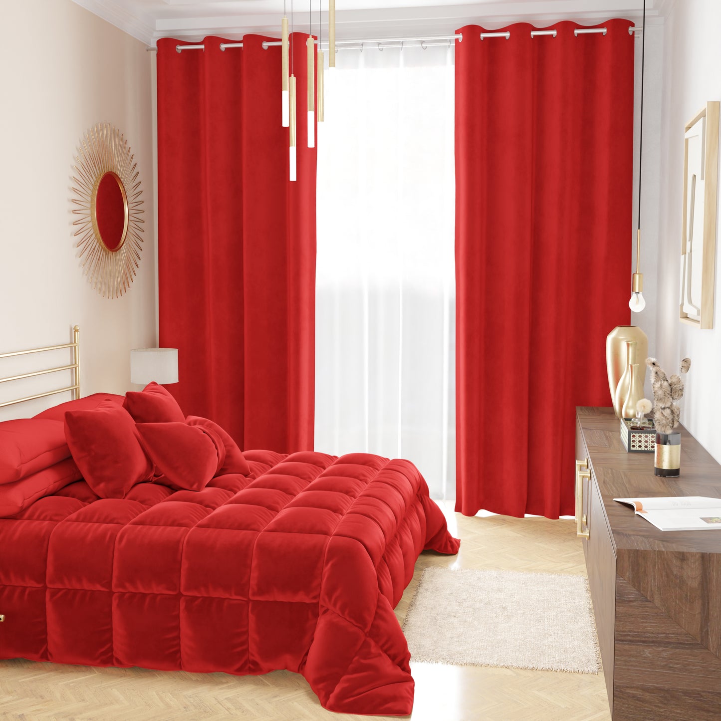 Rideau à Panneau en Velours pour Intérieur avec Anneaux, 140x280 cm, Rouge