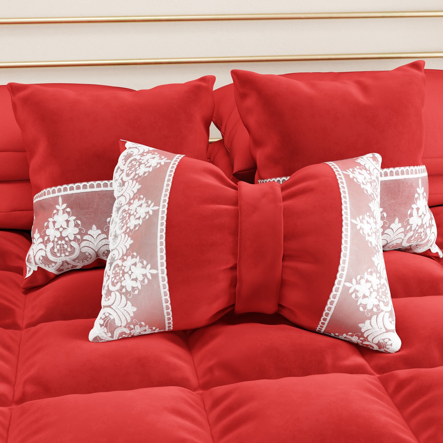 Cuscino Arredo Fiocco in Velluto e Balza con Pizzo Rebrodè 40x50 cm, Cuscino divano Rosso By Sissy