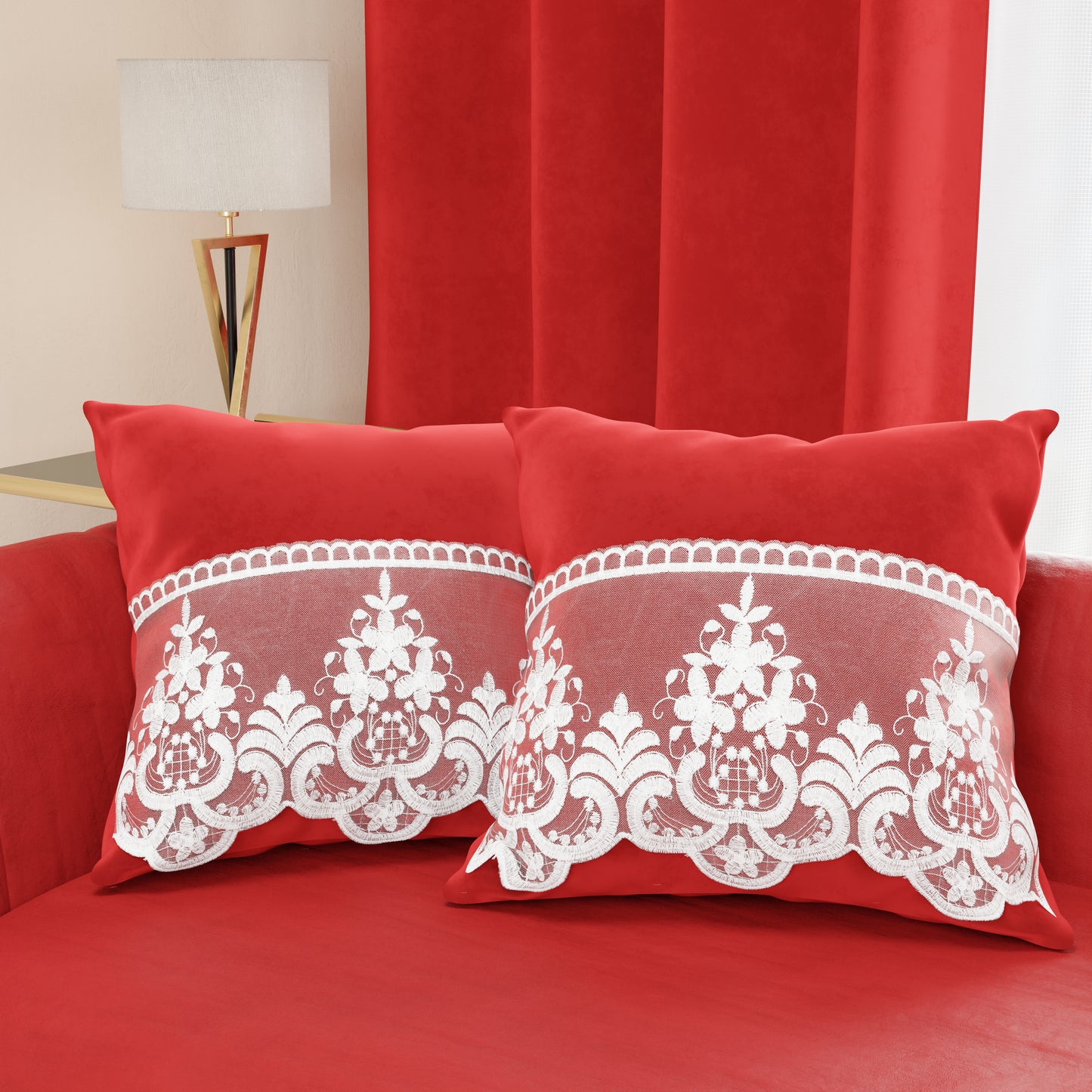 Coussins décoratifs en velours avec volant et dentelle rebrodée 2 pcs, coussins de canapé rouge By Sissy
