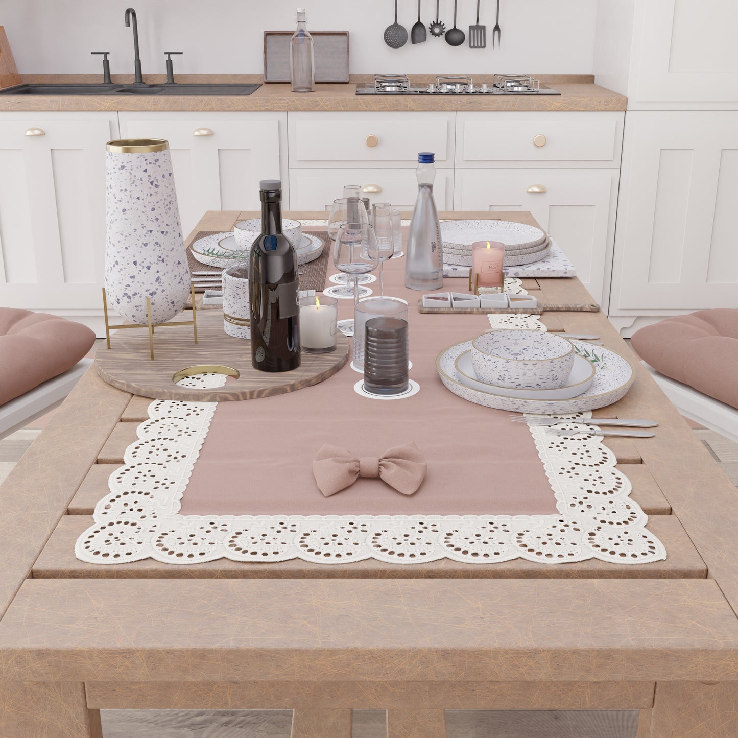 Chemin de Table Élégant Shabby Chic avec Dentelle et Noeuds Poudré