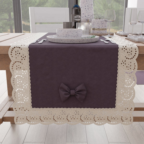 Runner da Tavolo Elegante Shabby Chic con Pizzo e Fiocchi Malva