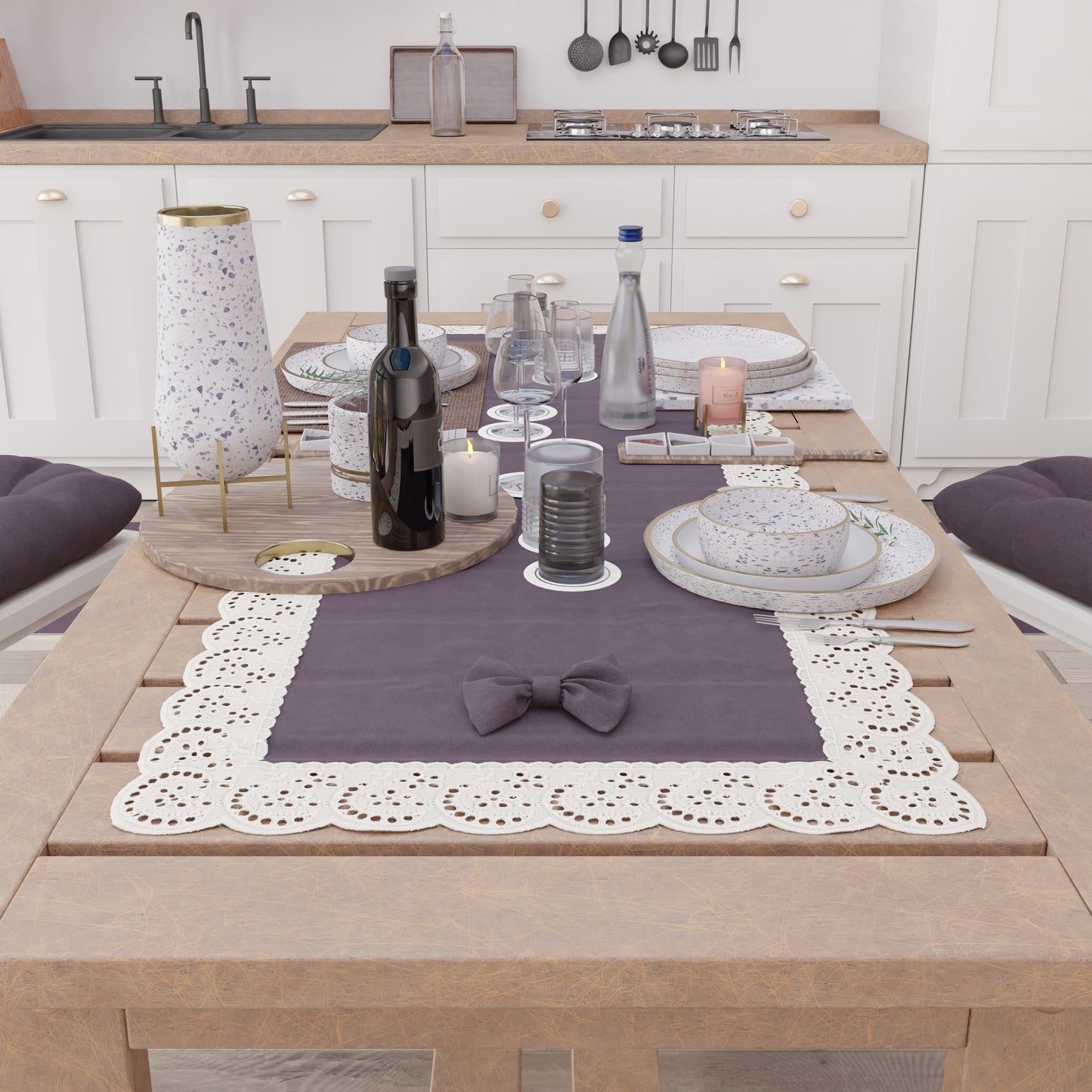 Runner da Tavolo Elegante Shabby Chic con Pizzo e Fiocchi Malva