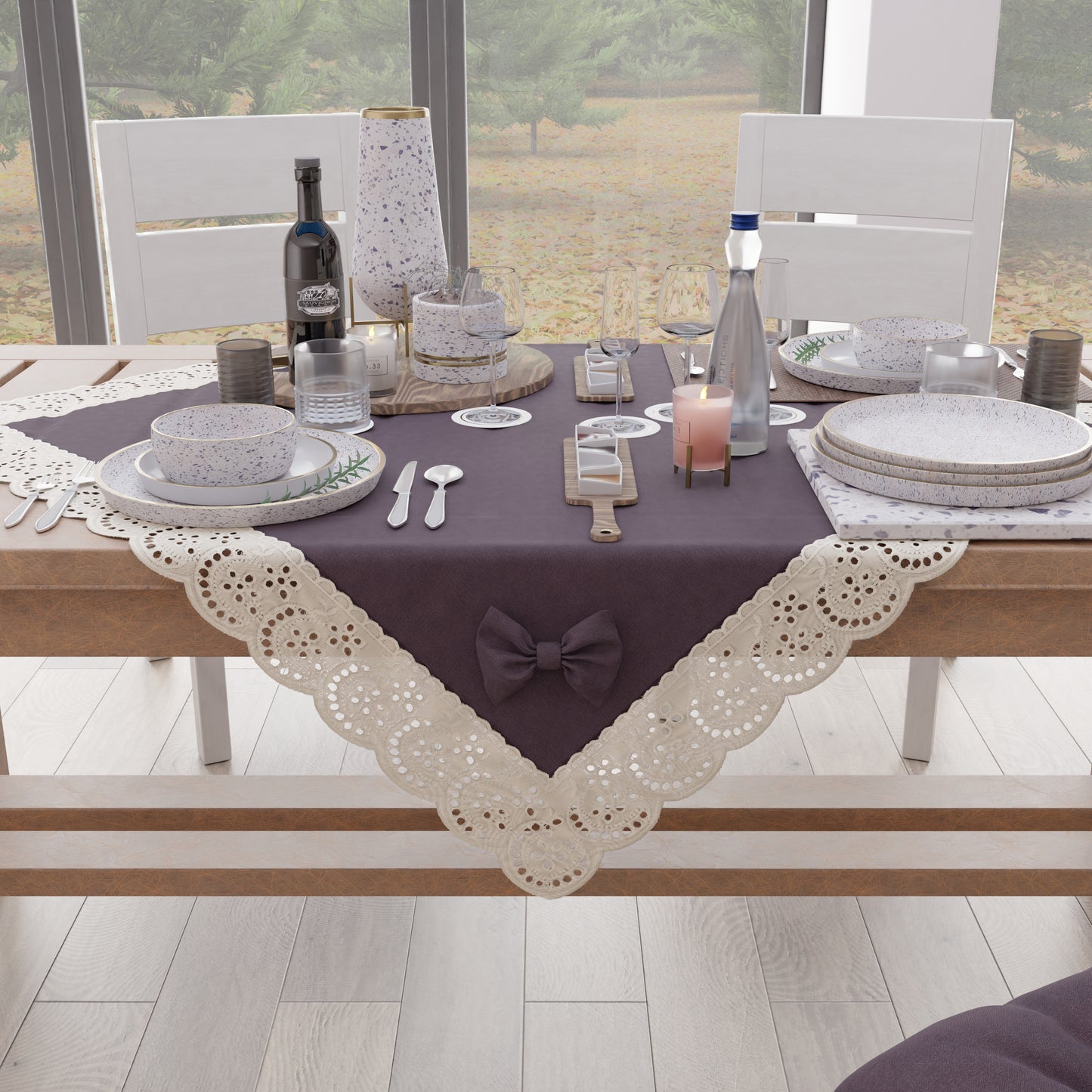 Centrotavola Cucina Elegante Shabby Chic con Pizzo e Fiocchi Malva