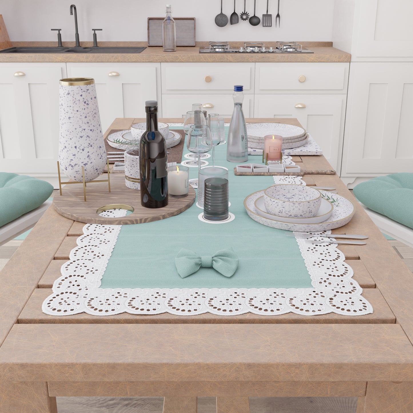 Runner da Tavolo Elegante Shabby Chic con Pizzo e Fiocchi Verde Acqua