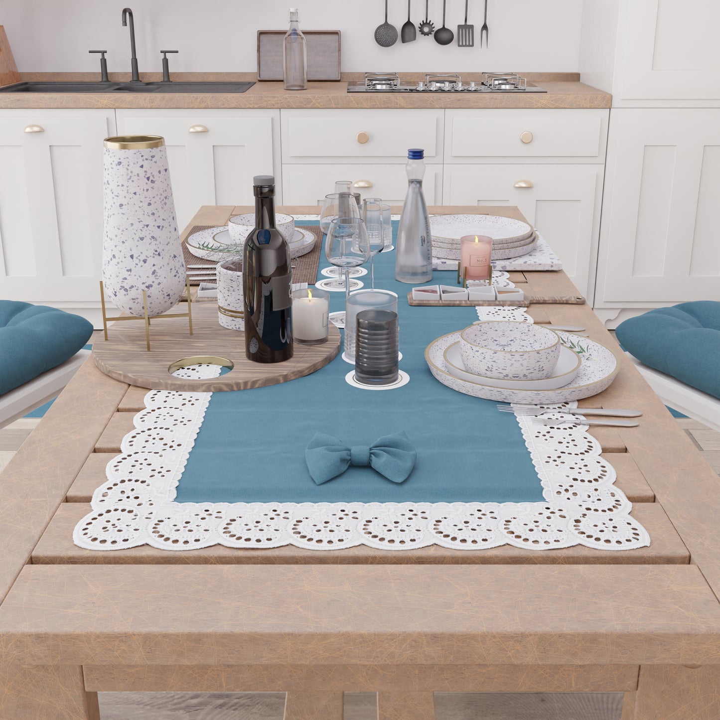 Elegant Shabby Chic Table Runner with Lace and Avion Blue Bows