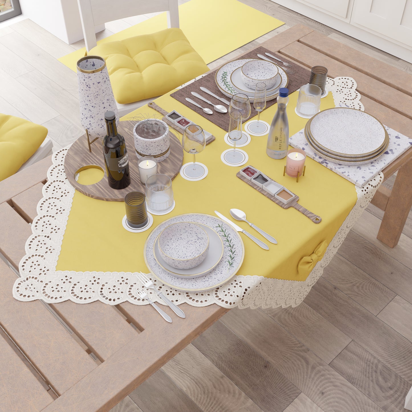 Elegant Shabby Chic Kitchen Centerpiece with Yellow Lace and Bows 