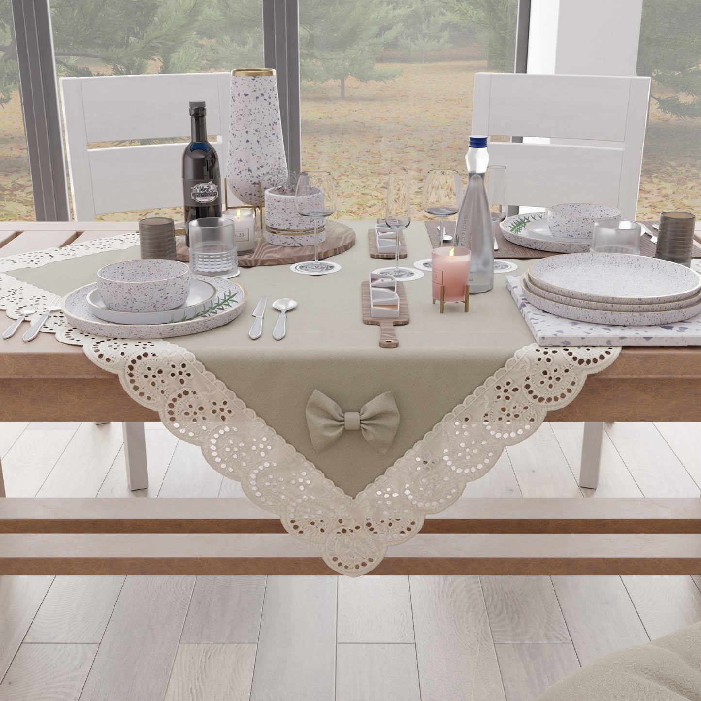Centrotavola Cucina Elegante Shabby Chic con Pizzo e Fiocchi Beige