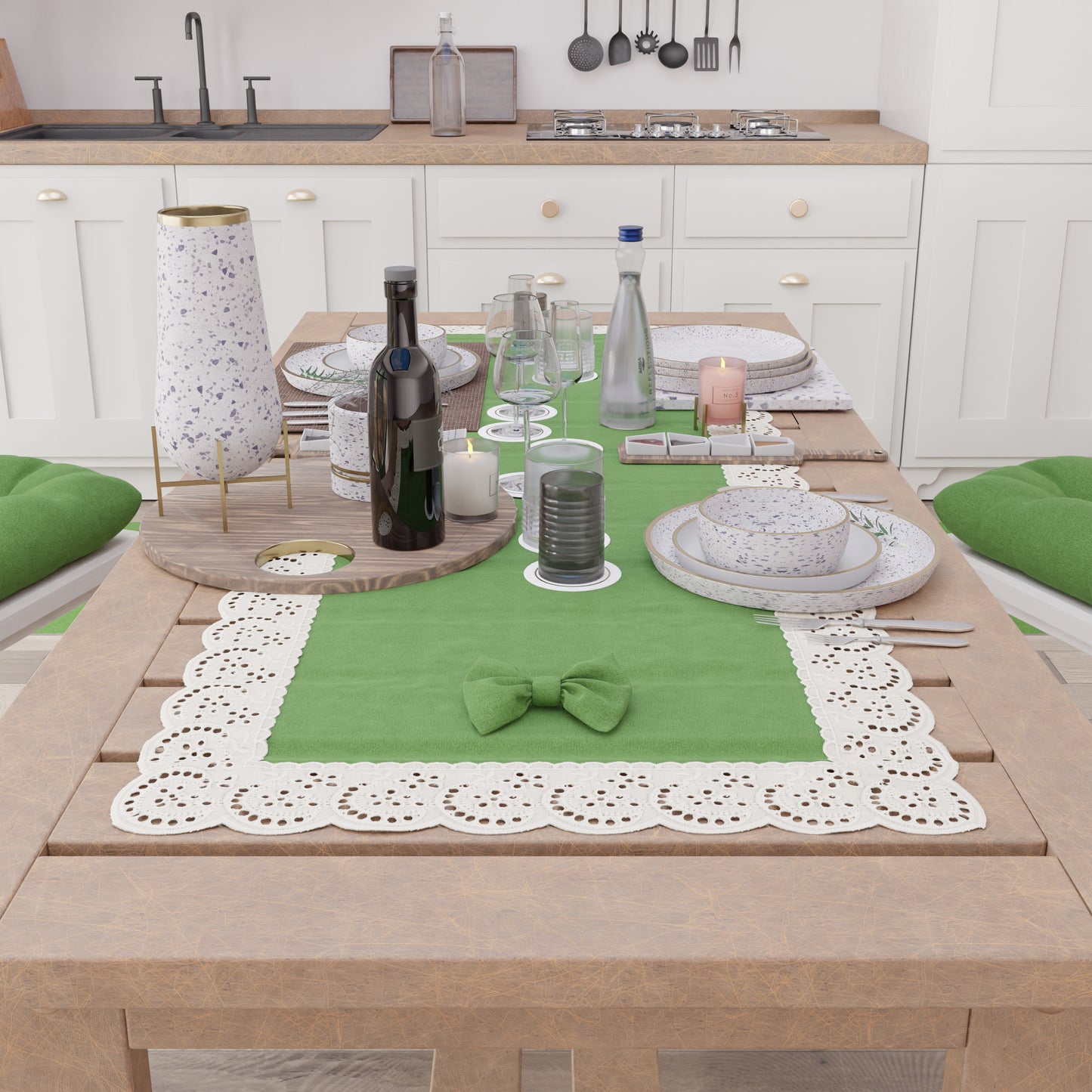 Runner da Tavolo Elegante Shabby Chic con Pizzo e Fiocchi Verde