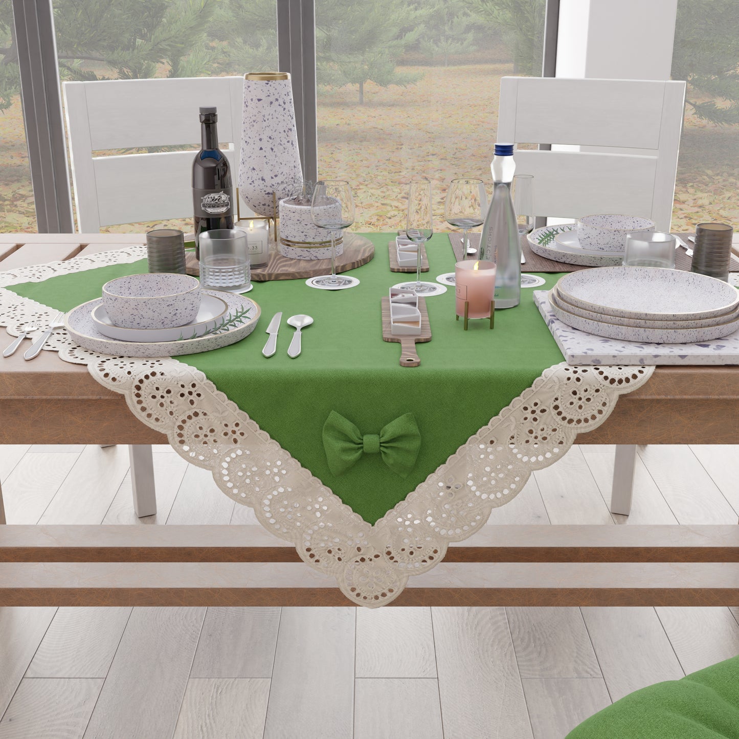 Elegant Shabby Chic Kitchen Centerpiece with Lace and Green Bows 
