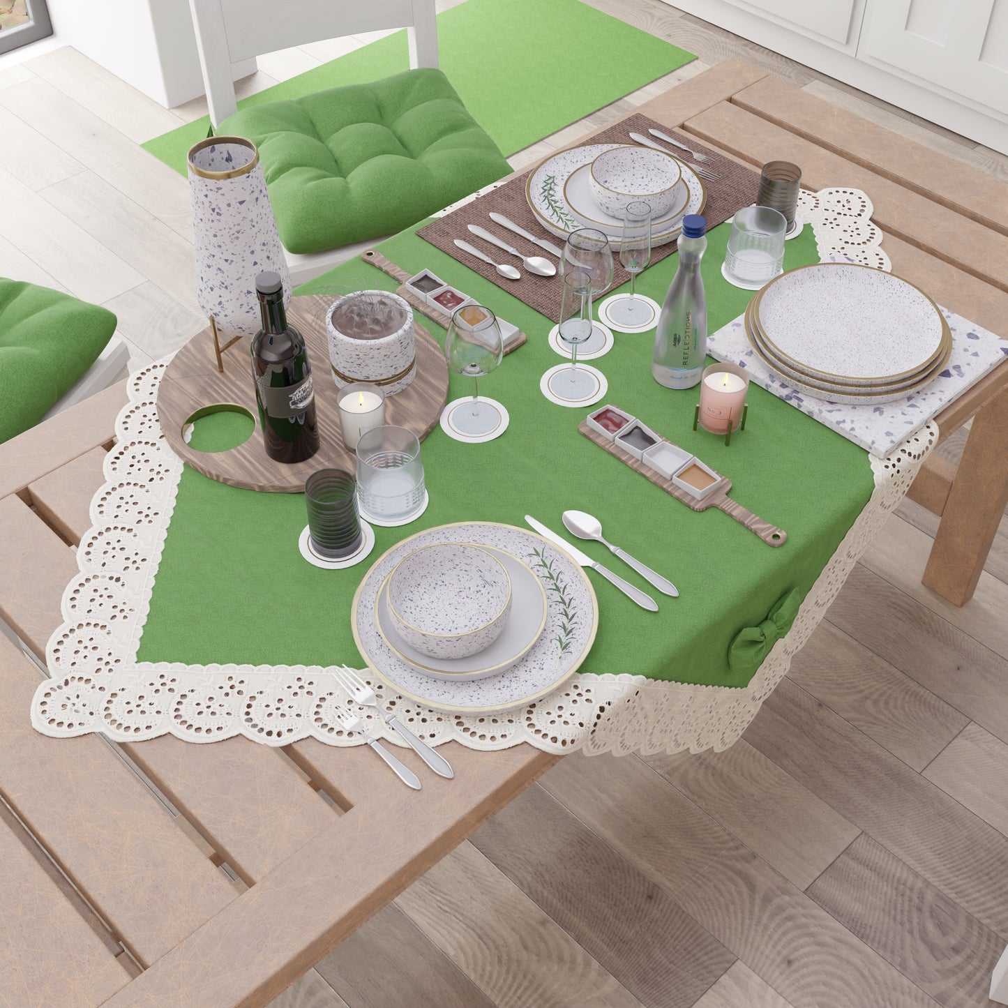 Elegant Shabby Chic Kitchen Centerpiece with Lace and Green Bows 