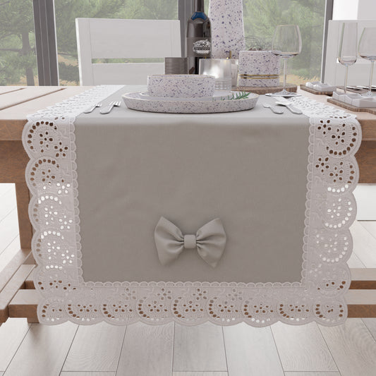 Chemin de Table Élégant Shabby Chic avec Dentelle et Noeuds Gris Clair