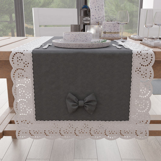 Chemin de Table Élégant Shabby Chic avec Dentelle et Noeuds Gris Foncé
