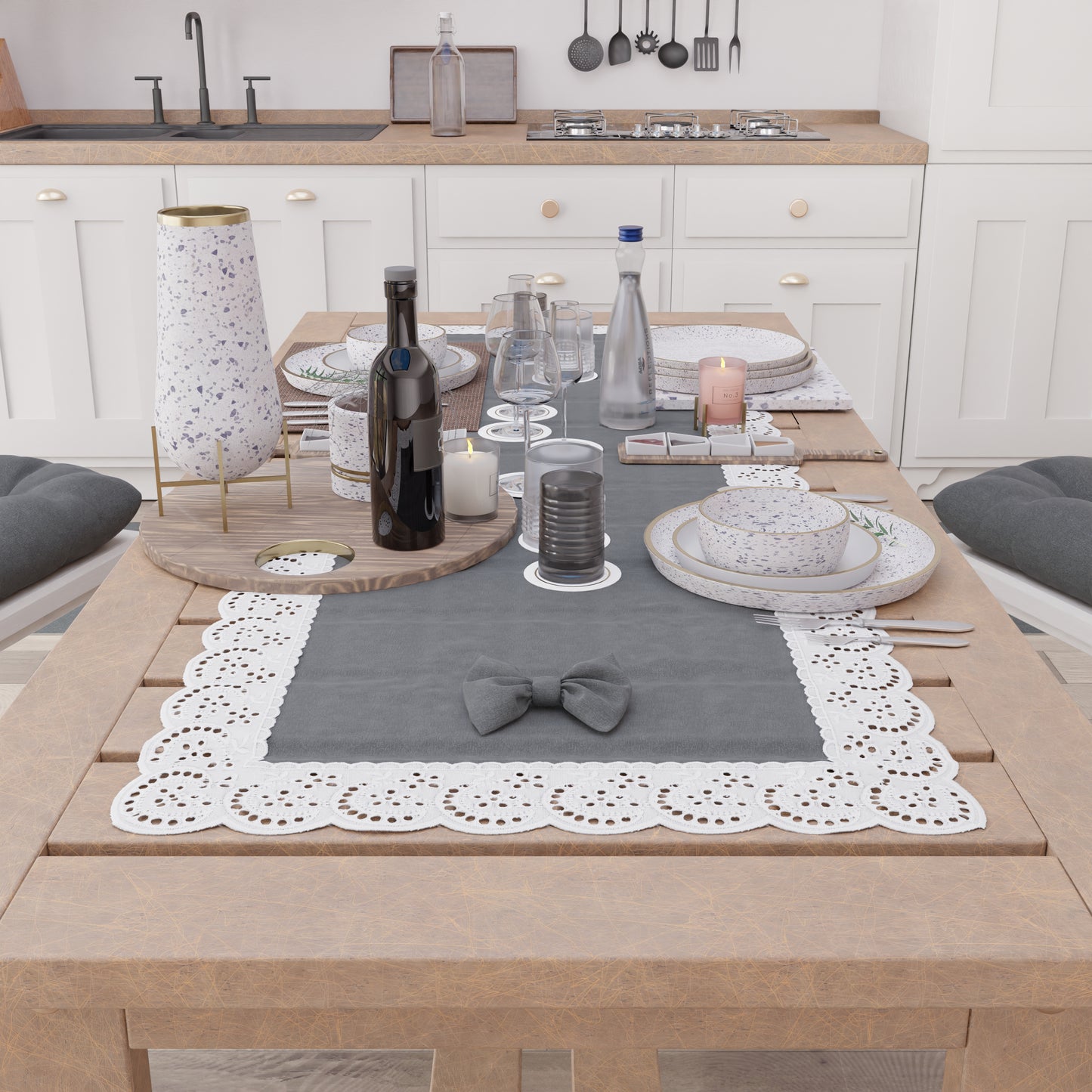 Runner da Tavolo Elegante Shabby Chic con Pizzo e Fiocchi Grigio Scuro