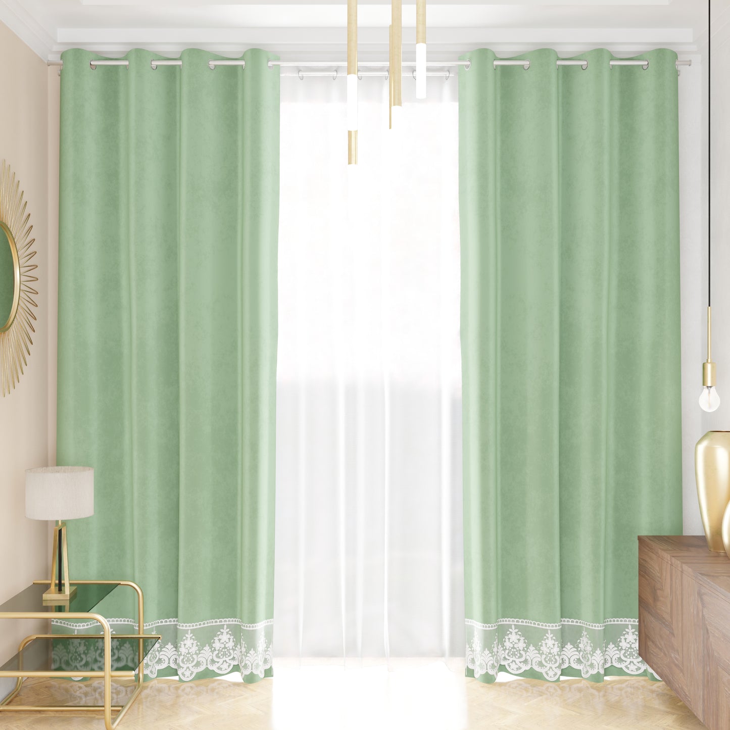Rideau panneau en velours pour intérieur avec anneaux et dentelle rebrodée, 140x280 cm, sauge par Sissy
