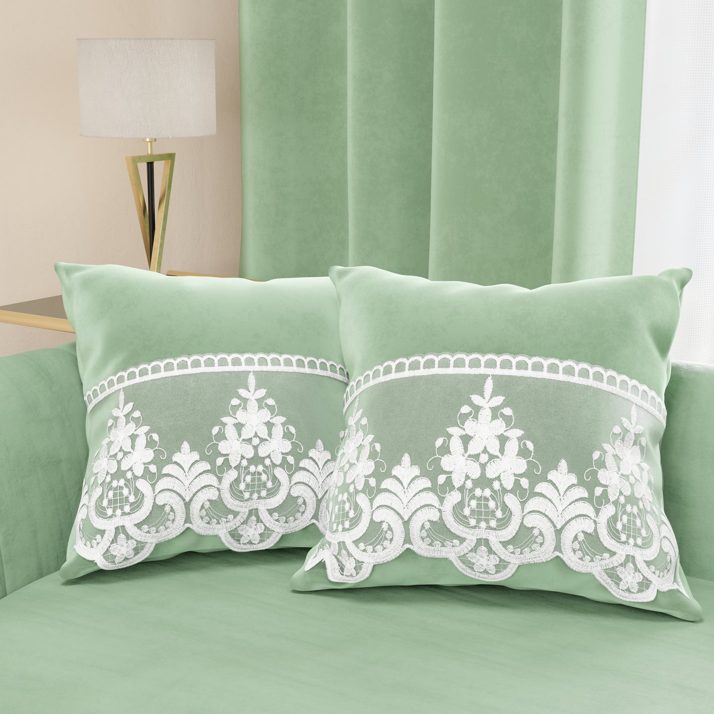 Coussins décoratifs en velours avec volant et dentelle rebrodée 2 pcs, coussins de canapé sauge By Sissy