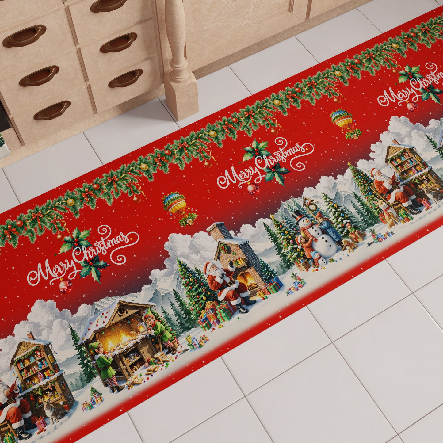 Tapis de Cuisine de Noël Antidérapant Passatoia de Noël Cuisine lavable Santa Village
