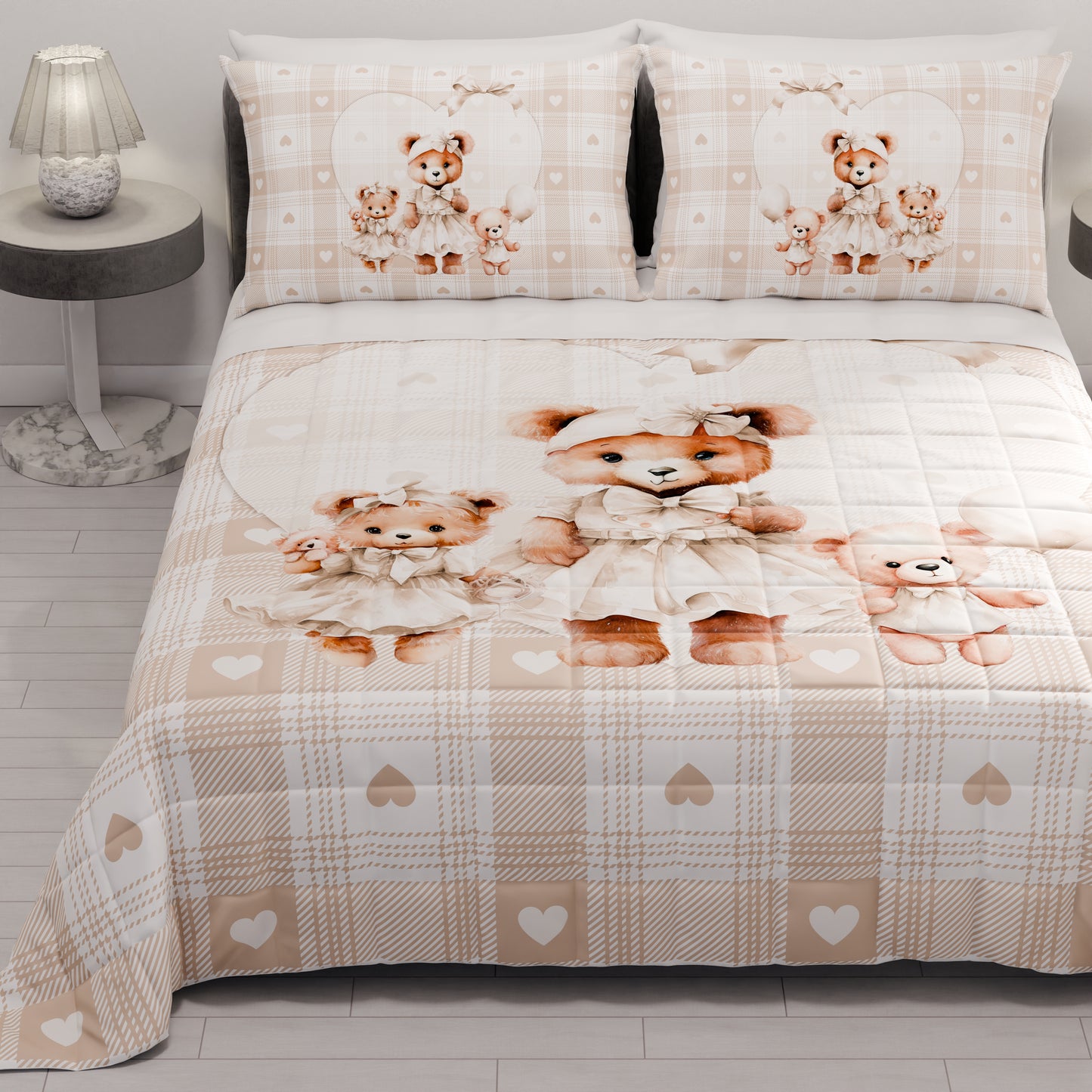 Trapuntino Copriletto Primaverile Autunnale in Stampa Digitale Teddy Love Tortora