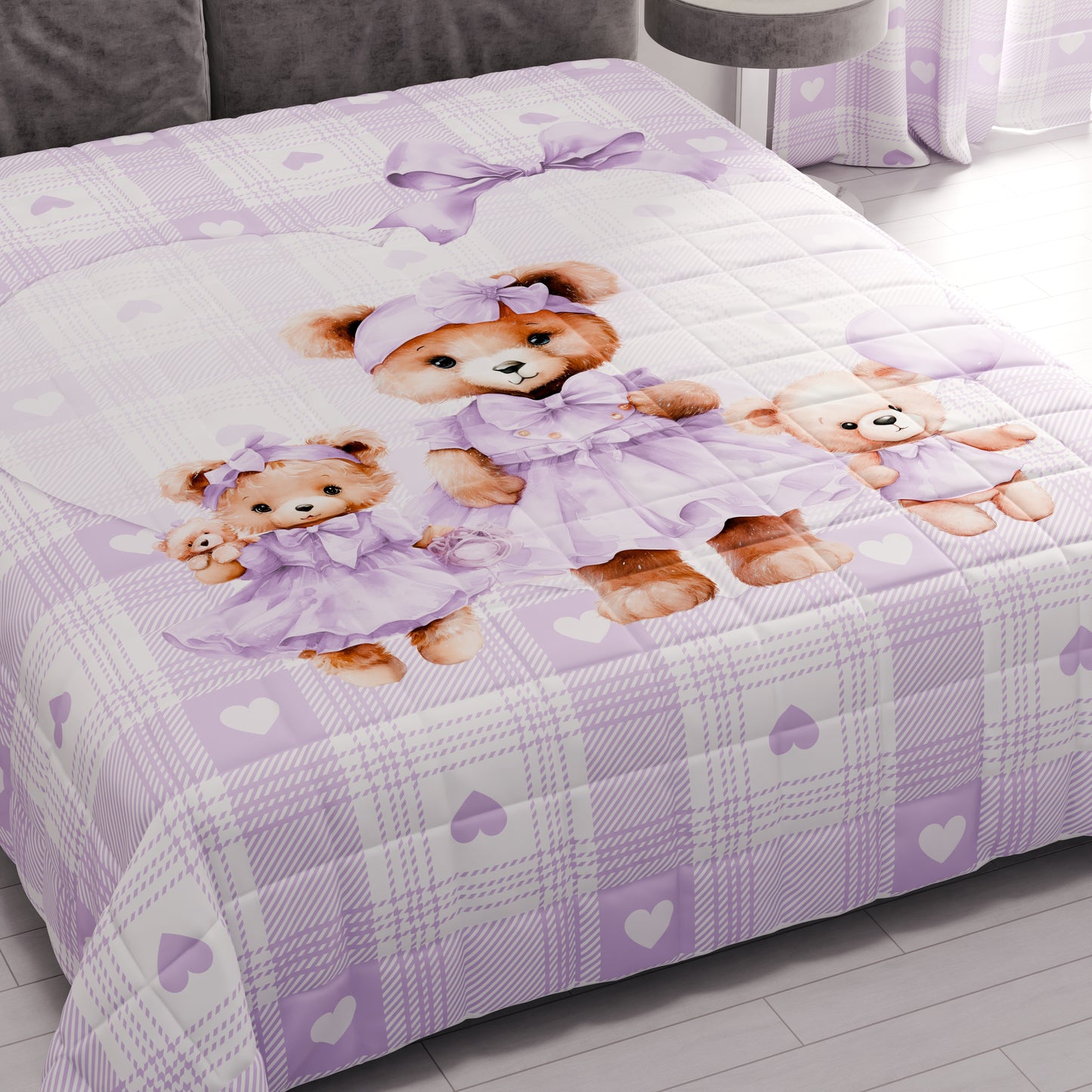 Trapuntino Copriletto Primaverile Autunnale in Stampa Digitale Teddy Love Lilla