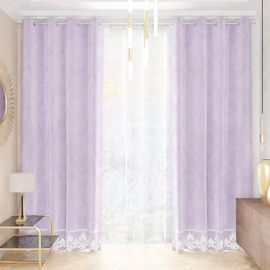 Tenda a Pannello in Velluto per Interni con Anelli e Pizzo Rebrodè, 140x280 cm, Lilla by Sissy