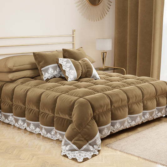 Coussins décoratifs en velours avec volant et dentelle rebrodée 2 pcs, coussins de canapé taupe By Sissy