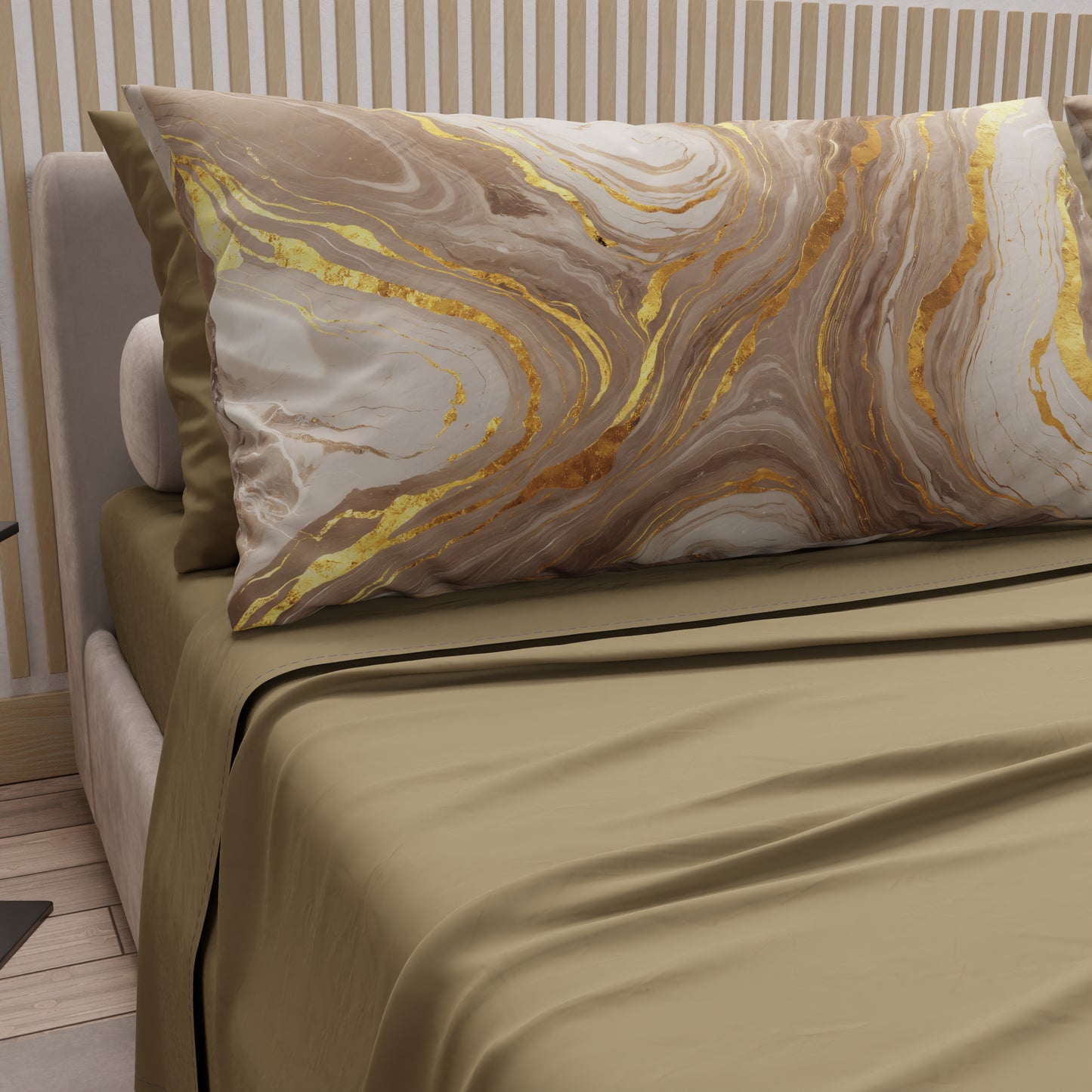 Draps en Coton, Parure de Lit avec Taies d'Oreiller en Impression Digitale Marbre Taupe