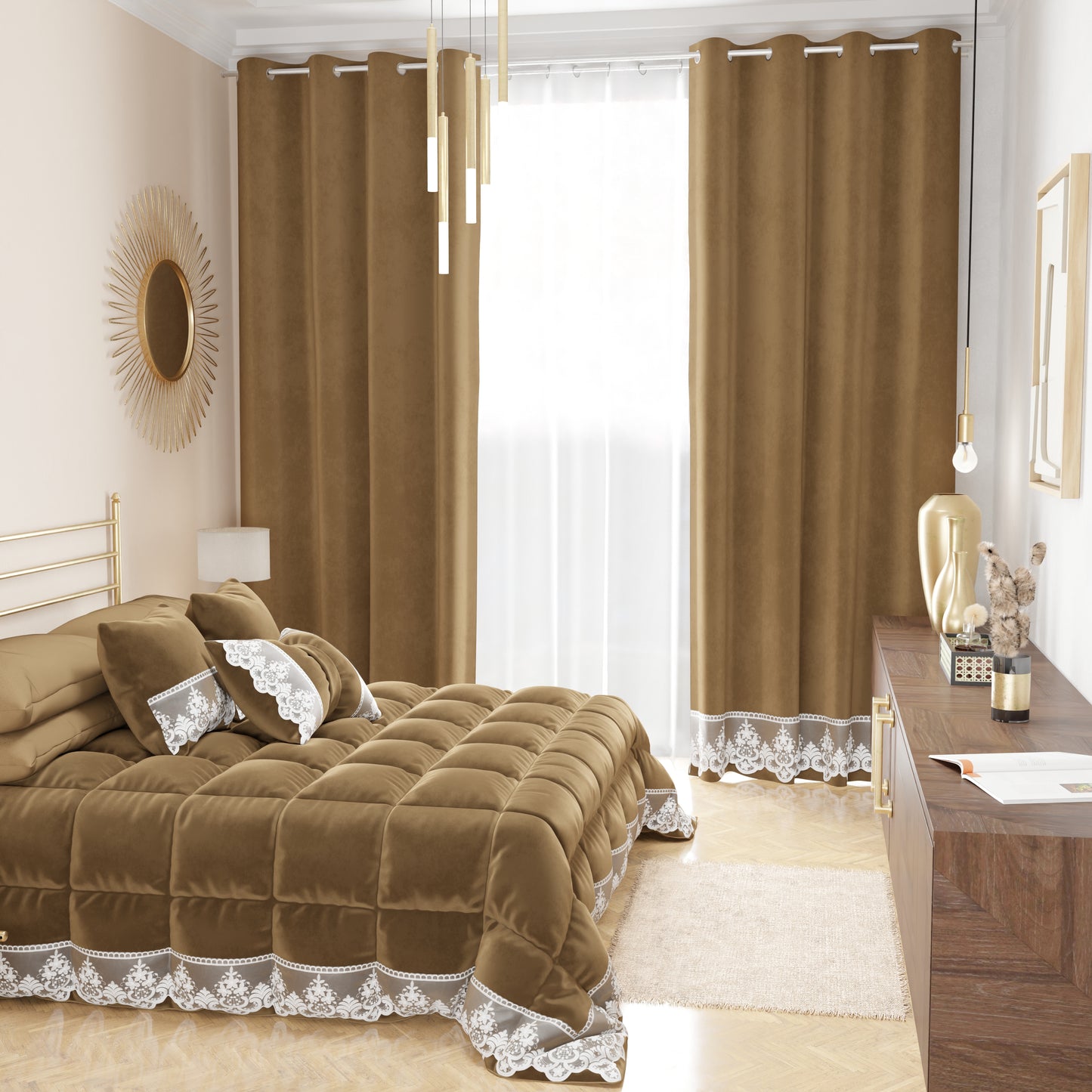 Rideau panneau en velours pour intérieur avec anneaux et dentelle rebrodée, 140x280 cm, tourterelle par Sissy