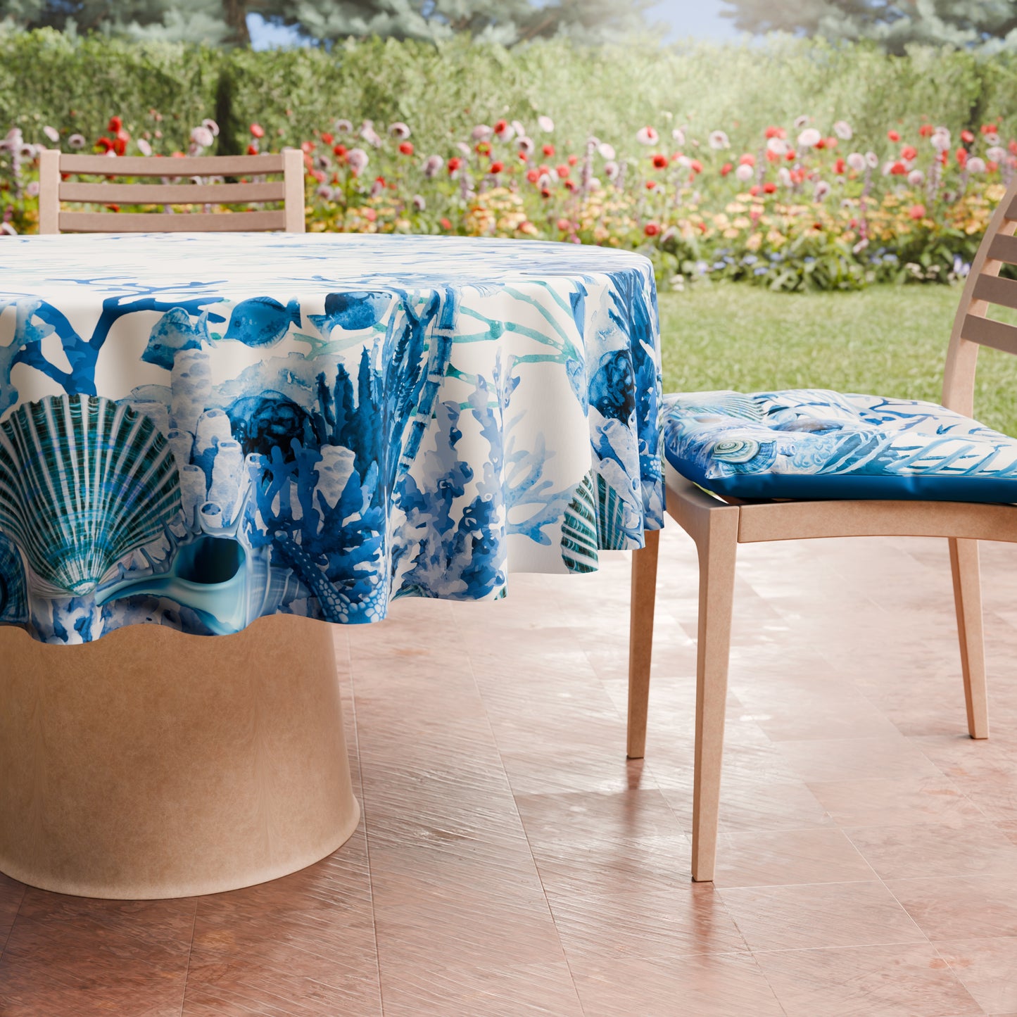 Nappe ronde élégante anti-taches - Idéale pour cuisine et salle à manger - Corail Bleu