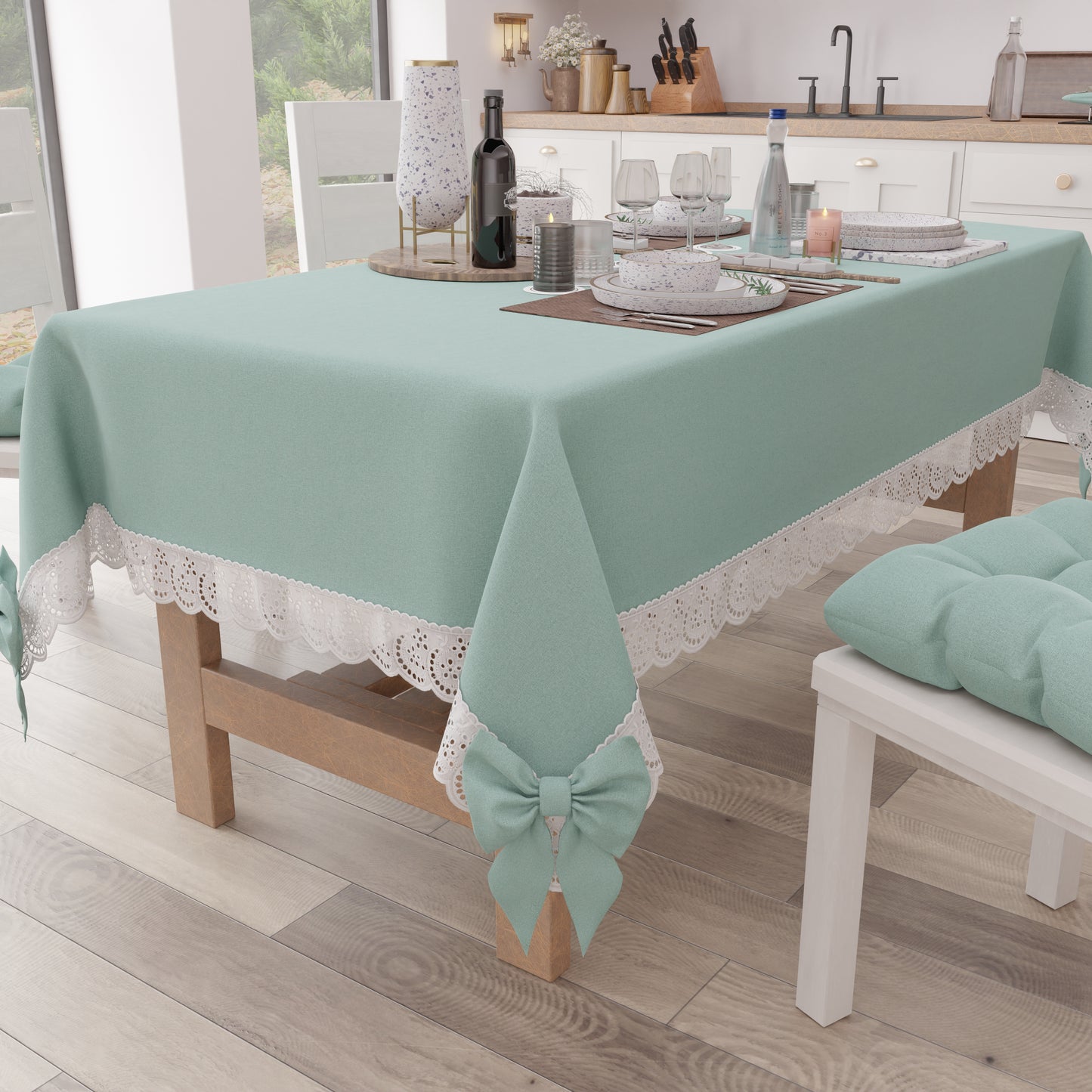 Tovaglia da Tavola Shabby Chic Copritavolo con Pizzo e Fiocchi Verde Acqua