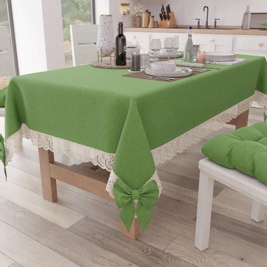Tovaglia da Tavola Shabby Chic Copritavolo con Pizzo e Fiocchi Verde