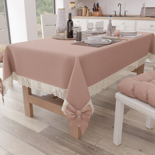 Tovaglia da Tavola Shabby Chic Copritavolo con Pizzo e Fiocchi Cipria