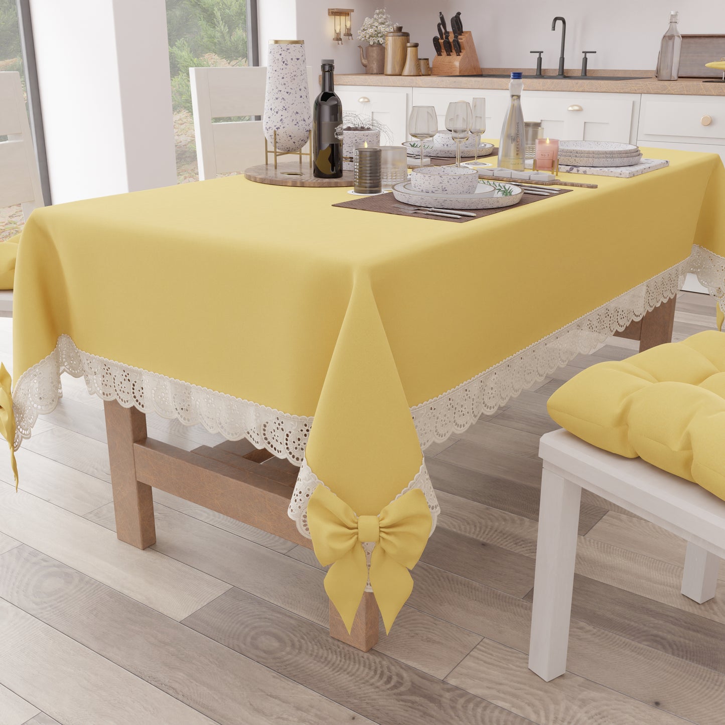 Tovaglia da Tavola Shabby Chic Copritavolo con Pizzo e Fiocchi Giallo
