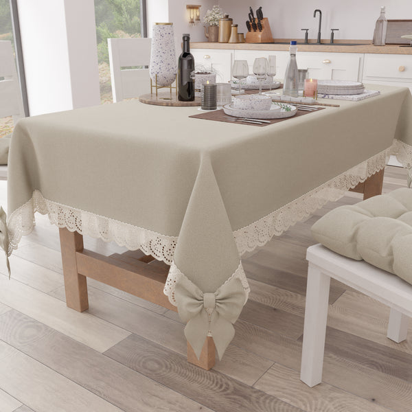 Tovaglia da Tavola Shabby Chic Copritavolo con Pizzo e Fiocchi Beige