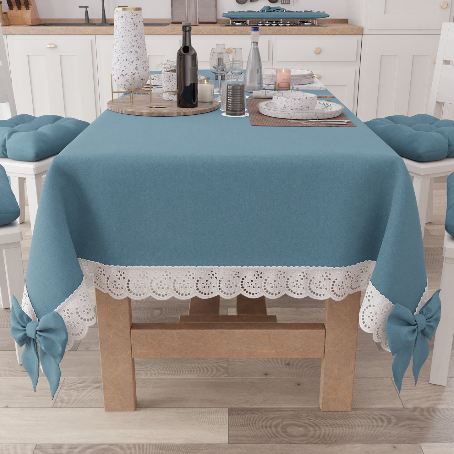 Tovaglia da Tavola Shabby Chic Copritavolo con Pizzo e Fiocchi Avion