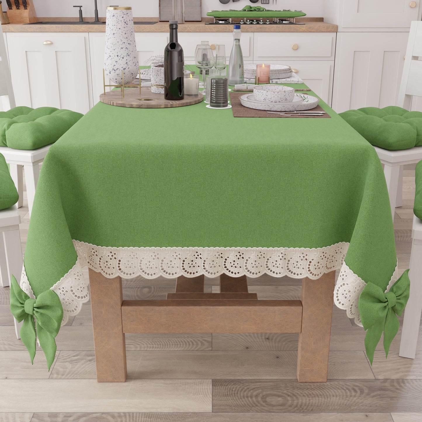 Tovaglia da Tavola Shabby Chic Copritavolo con Pizzo e Fiocchi Verde