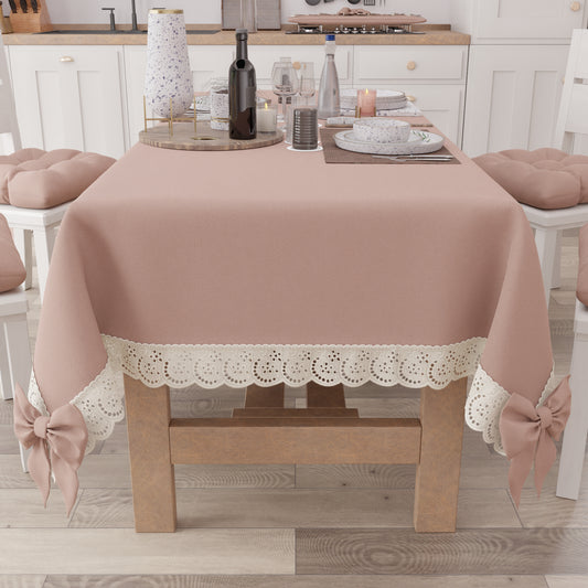 Tovaglia da Tavola Shabby Chic Copritavolo con Pizzo e Fiocchi Cipria