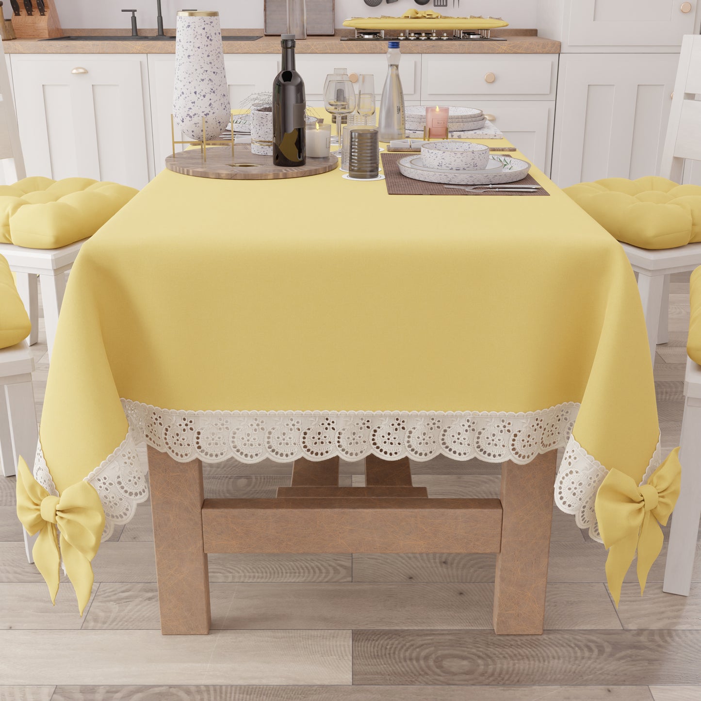 Tovaglia da Tavola Shabby Chic Copritavolo con Pizzo e Fiocchi Giallo
