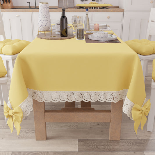 Tovaglia da Tavola Shabby Chic Copritavolo con Pizzo e Fiocchi Giallo