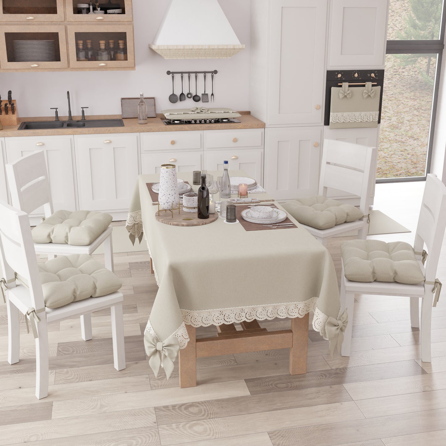 Copriforno Elegante Shabby Chic con Pizzo e Fiocchi Beige