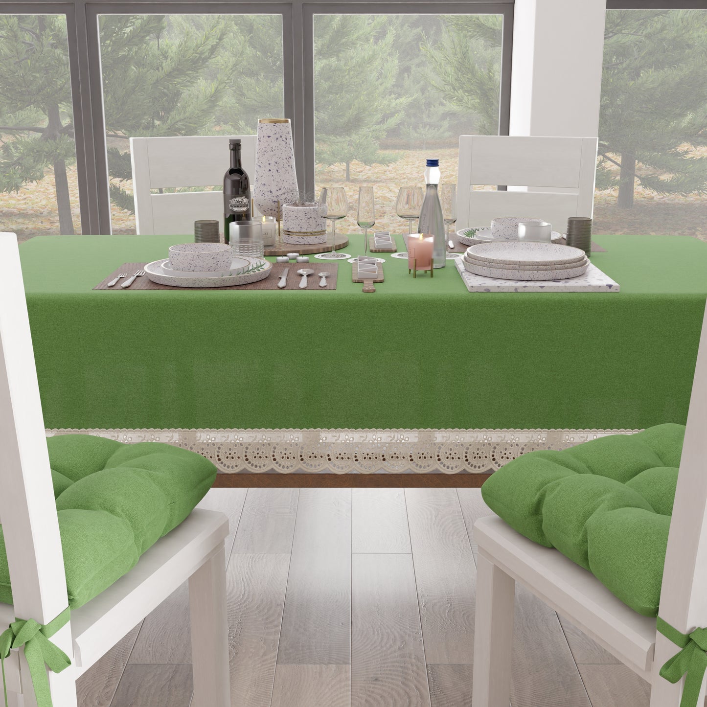Tovaglia da Tavola Shabby Chic Copritavolo con Pizzo e Fiocchi Verde