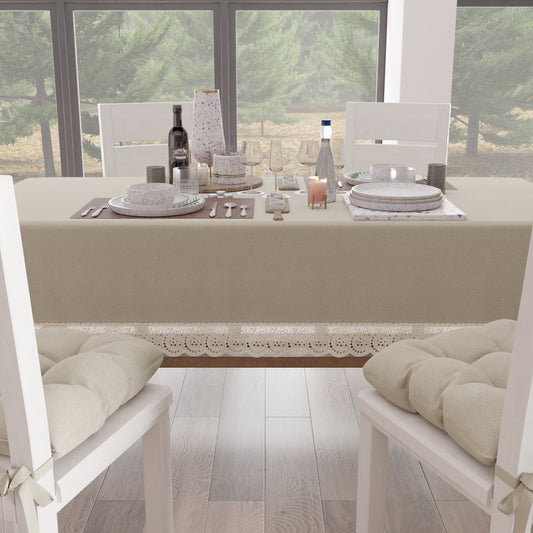 Tovaglia da Tavola Shabby Chic Copritavolo con Pizzo e Fiocchi Beige