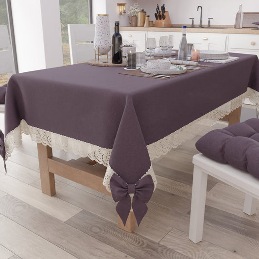 Tovaglia da Tavola Shabby Chic Copritavolo con Pizzo e Fiocchi Malva