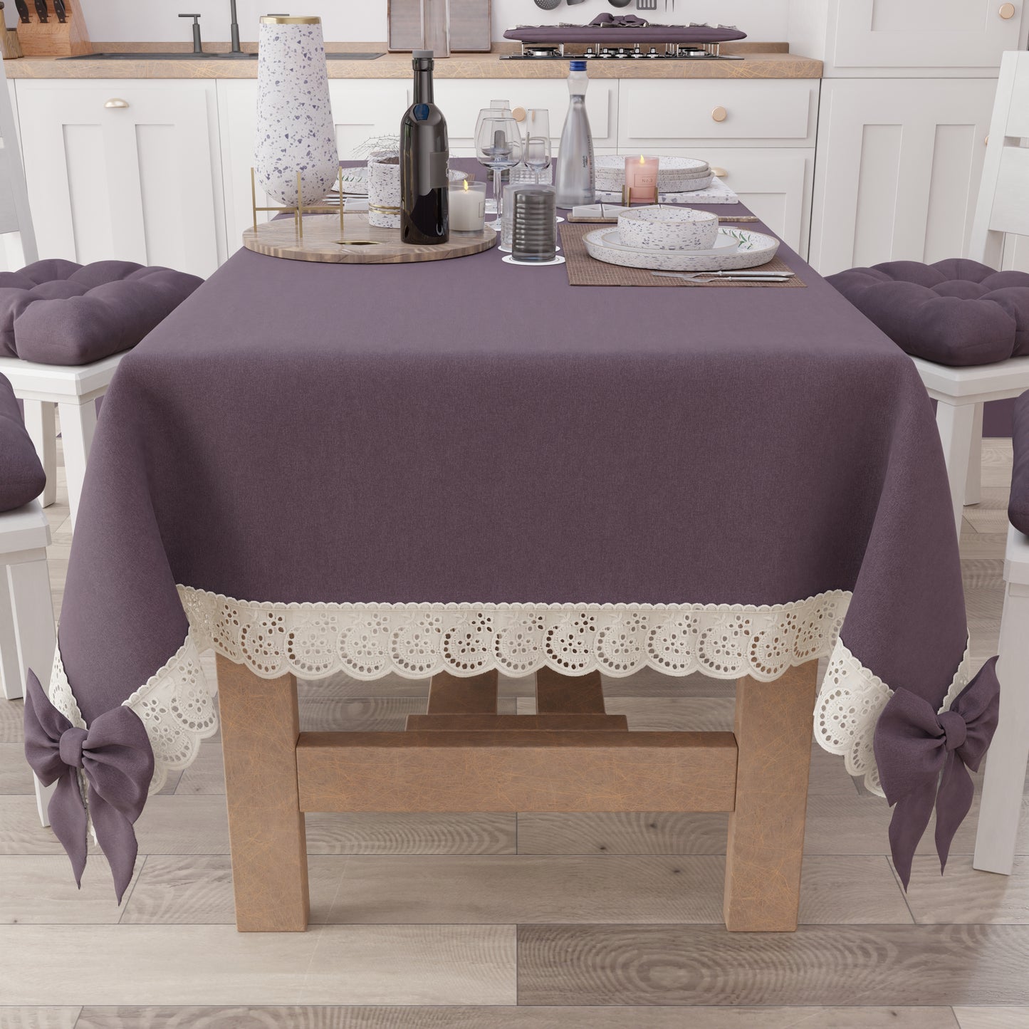 Tovaglia da Tavola Shabby Chic Copritavolo con Pizzo e Fiocchi Malva